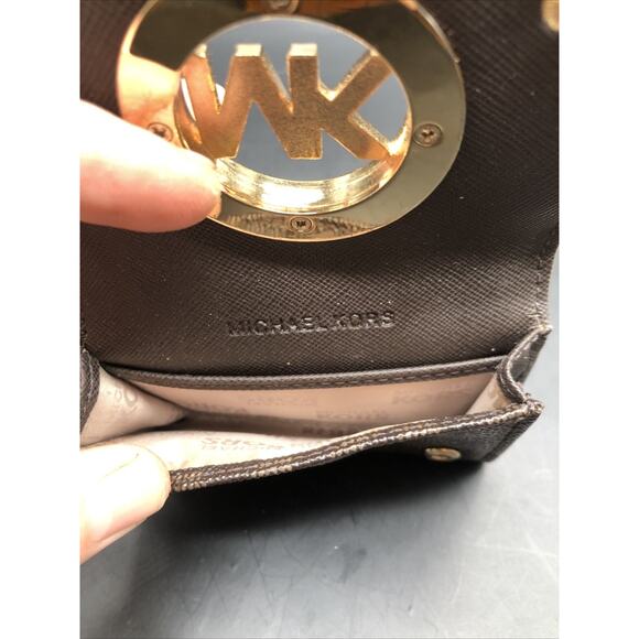 Michael Kors MK Logo Leather Card Case Wallet Brown With MK Pattern 2 Slots - Picture 7 of 9